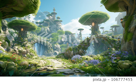 木と石の家のファンタジーの世界「AI生成画像」 106777455