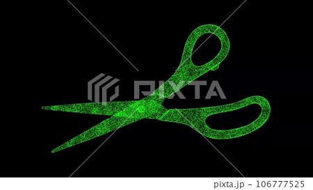 3D scissors on black background. Object made of shimmering particles. For title, text, presentation. 3d animation 106777525