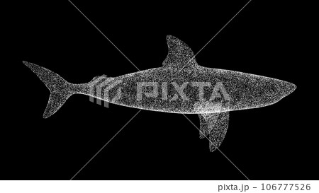 3D shark on black background. Object made of shimmering particles. Wild animals concept. For title, text, presentation. 3d animation. 106777526