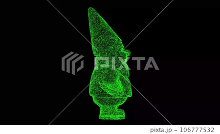 3D gnome on black background. Object made of shimmering particles. Fabulous concept. For title, text, presentation. 3d animation. 3D gnome on black background. Object made of shimmering particles. Fabulous concept. For title, text, presentation. 3d animation. 106777532