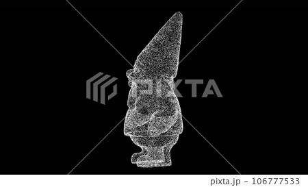 3D gnome on black background. Object made of shimmering particles. Fabulous concept. For title, text, presentation. 3d animation. 106777533