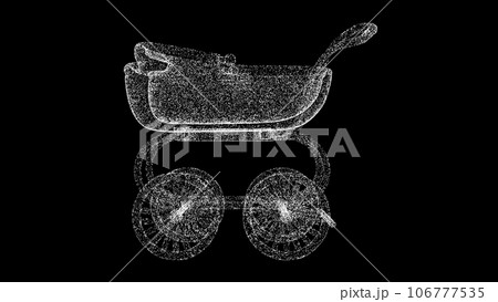 3D baby stroller on black background. Object made of shimmering particles. Baby born concept. For title, text, presentation. 3d animation. 3D baby stroller on black background. Object made of shimmering particles. Baby born concept. For title, text, presentation. 3d animation. 106777535