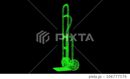3D hand truck on black background. Object made of shimmering particles. Carrying loads concept. For title, text, presentation. 3d animation. 3D hand truck on black background. Object made of shimmering particles. Carrying loads concept. For title, text, presentation. 3d animation. 106777576