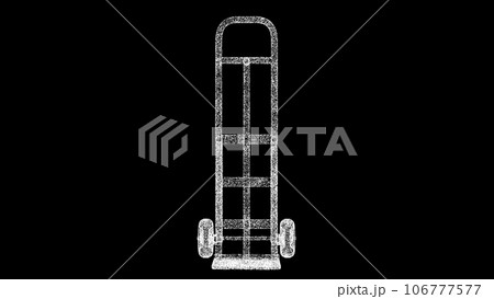 3D hand truck on black background. Object made of shimmering particles. Carrying loads concept. For title, text, presentation. 3d animation. 106777577