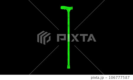 3D walk stick on black background. Object made of shimmering particles. Human care concept. For title, text, presentation. 3d animation. 3D walk stick on black background. Object made of shimmering particles. Human care concept. For title, text, presentation. 3d animation. 106777587