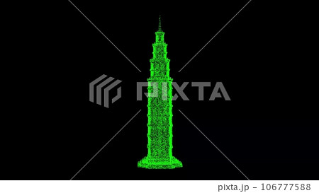3D Skyscraper building on black background. Object made of shimmering particles. Business building concept. For title, text, presentation. 3d animation. 3D Skyscraper building on black background. Object made of shimmering particles. Business building concept. For title, text, presentation. 3d animation. 106777588