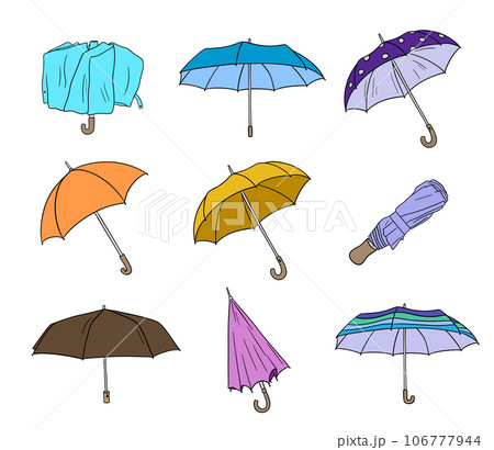 Open funny cute umbrella vector illustrations set Open funny cute umbrella vector illustrations set 106777944