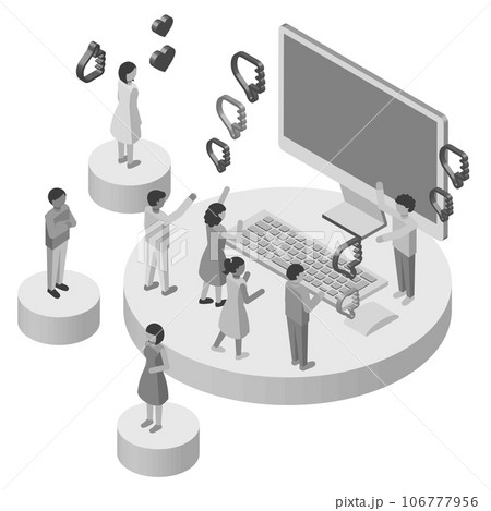 インターネットの情報に様々な反応をする人々のアイソメトリックイラスト 106777956