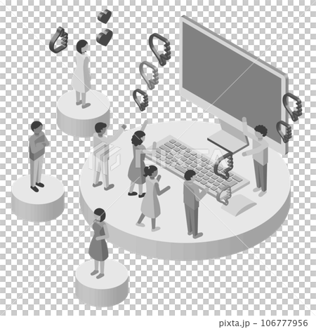 インターネットの情報に様々な反応をする人々のアイソメトリックイラスト 106777956