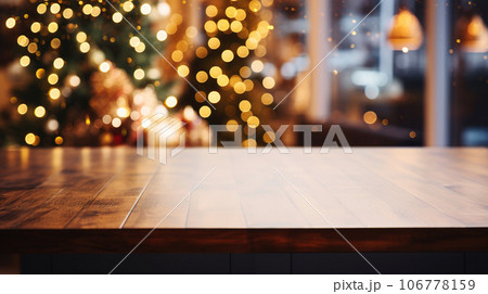 Empty wooden tabletop against background of Christmas cafe lights, sparkling garlands, bokeh, Postcard, flyer 106778159