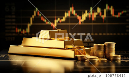 Gold bars and coins with uptrend graph, gold trading and investment concept illustration. Generative AI Gold bars and coins with uptrend graph, gold trading and investment concept illustration. Generative AI 106778413