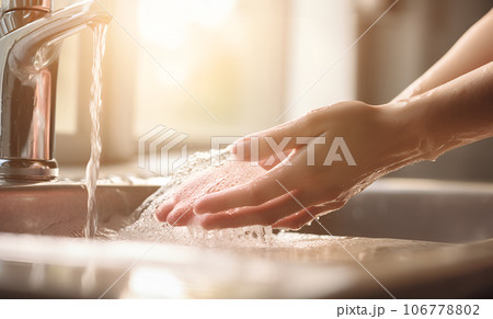Woman washing, cleaning hands using soap under warm water in bathroom Woman washing, cleaning hands using soap under warm water in bathroom 106778802