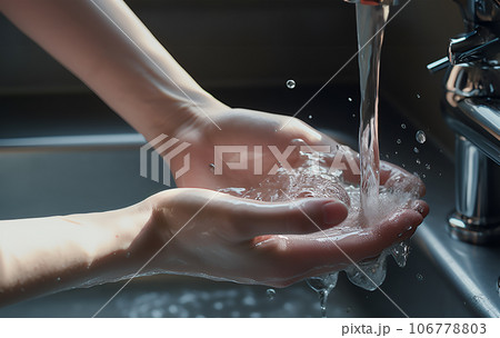 Woman washing, cleaning hands using soap under warm water in bathroom 106778803