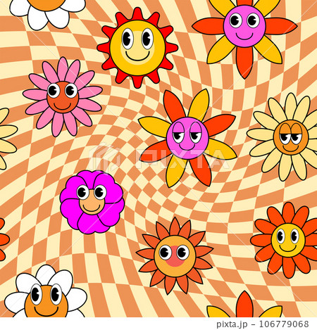 Groovy hippie flower seamless pattern. Colorful flowers trendy check distortion background retro trippy 70s style Groovy hippie flower seamless pattern. Colorful flowers trendy check distortion background retro trippy 70s style 106779068