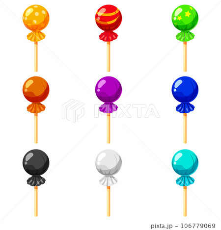 Set of Candy on a stick isometric 3d sweet. Lollipop caramel vector Set of Candy on a stick isometric 3d sweet. Lollipop caramel vector 106779069
