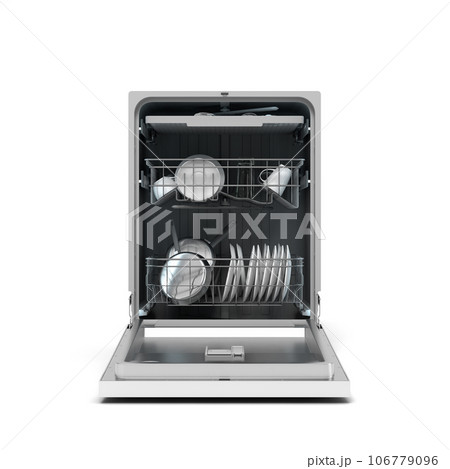 modern new open dishwasher frontview 3d render on white 106779096