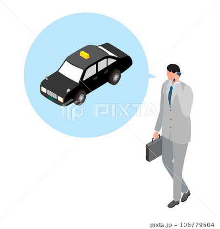 アイソメトリック_タクシーをスマホで呼ぶ男性のイラスト アイソメトリック_タクシーをスマホで呼ぶ男性のイラスト 106779504