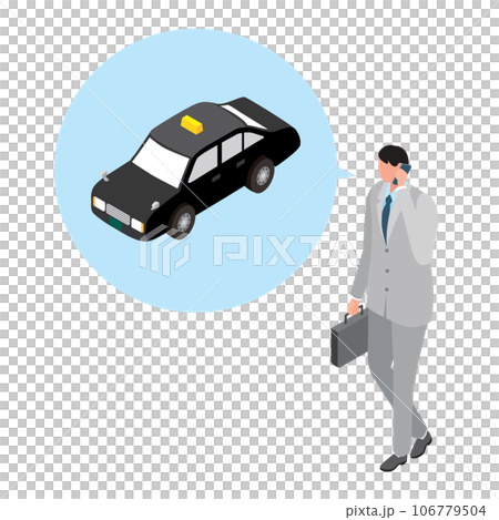 アイソメトリック_タクシーをスマホで呼ぶ男性のイラスト アイソメトリック_タクシーをスマホで呼ぶ男性のイラスト 106779504