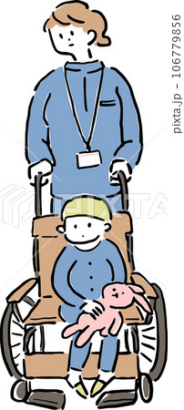 車椅子に乗った子供と介助する看護師の女性 車椅子に乗った子供と介助する看護師の女性 106779856