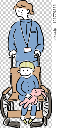 車椅子に乗った子供と介助する看護師の女性 車椅子に乗った子供と介助する看護師の女性 106779856
