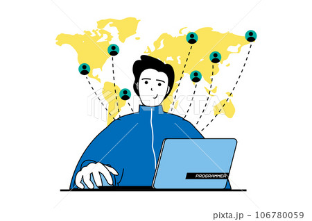 Target audience concept with people scene in flat web design. Man attracting aiming customers and connecting with global clients. Vector illustration for social media banner, marketing material. 106780059