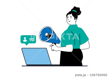 Target audience concept with people scene in flat web design. Woman with megaphone attracting customers, generating internet traffic. Vector illustration for social media banner, marketing material. 106780060