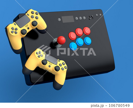 Top view gamer gears like joystick and vintage arcade stick on blue background 106780549