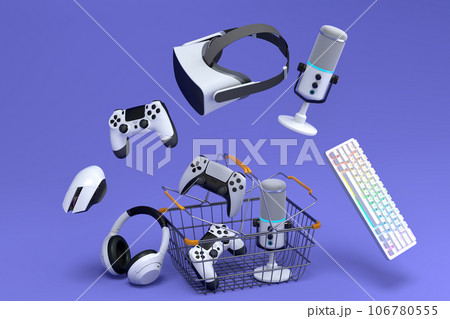 Flying gamer gears like VR glasses, keyboard, controllers and microphone Flying gamer gears like VR glasses, keyboard, controllers and microphone 106780555
