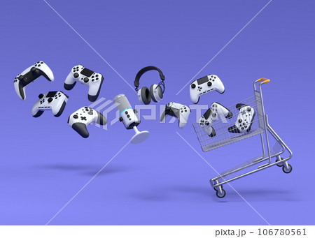 Gamer gears like mouse, keyboard, joystick, headset, VR, web camera in trolley Gamer gears like mouse, keyboard, joystick, headset, VR, web camera in trolley 106780561