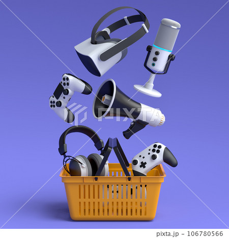 Gamer gears like mouse, keyboard, joystick, headset, VR, web camera in basket 106780566