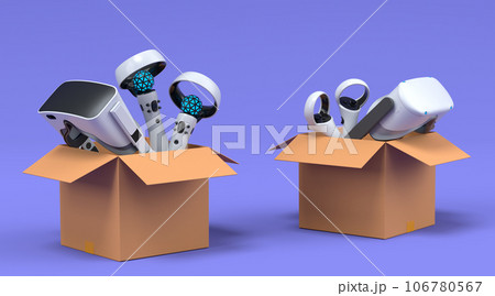 Set of virtual reality glasses and controllers in cardboard box on violet 106780567