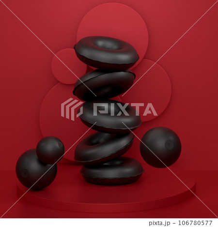 Inflatable rings and beach ball on podium on monochrome background. 106780577