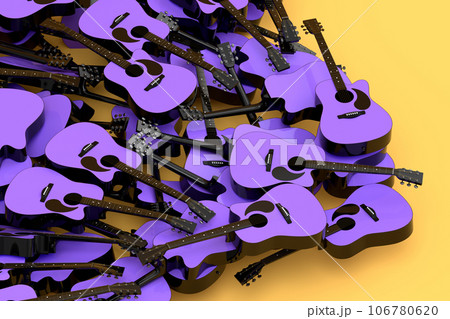 Heap of flying acoustic guitars isolated on yellow background. 106780620