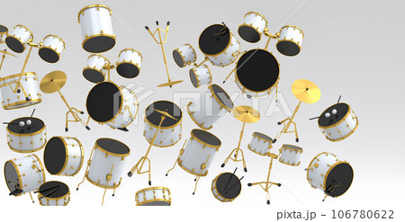 Many of flying drums with metal cymbals or drumset on white background 106780622