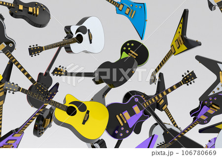 Many of flying acoustic guitars isolated on white background. Many of flying acoustic guitars isolated on white background. 106780669
