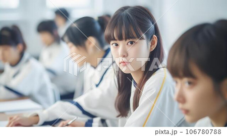学校の教室で授業を受ける中学生・高校生の女子生徒 106780788