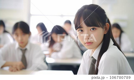 学校の教室で授業を受ける中学生・高校生の女子生徒 106780789