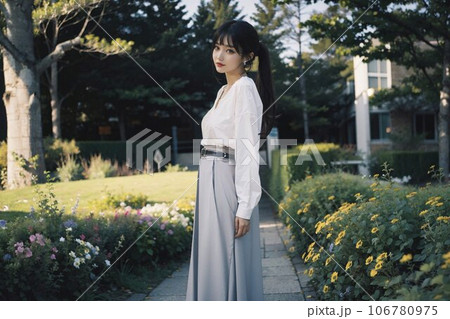 公園を歩く若い女性、日常の中のエレガンス 106780975