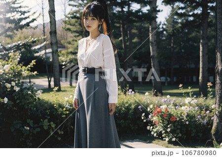 公園で振り返る女性、優雅な女性の公園散歩 106780980