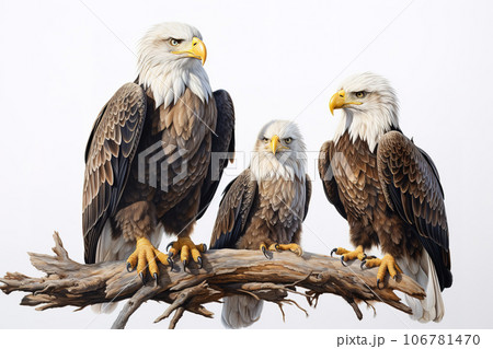 Image of family group of eagles on branches on white background. Birds. Animals. Illustration, Generative AI. 106781470