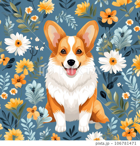 Image of pattern design using Welsh Corgi dog and flowers and leaves. Pet. Animals. Illustration, Generative AI. 106781471