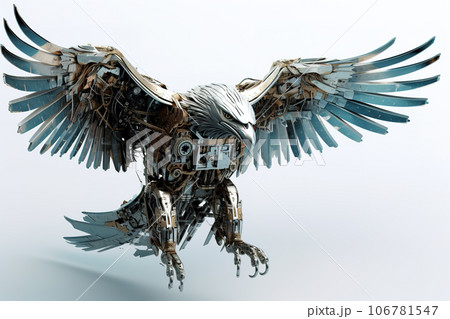 An eagle flying made of electronic machinery on a white background. Farm animals. illustration. Generative AI. An eagle flying made of electronic machinery on a white background. Farm animals. illustration. Generative AI. 106781547