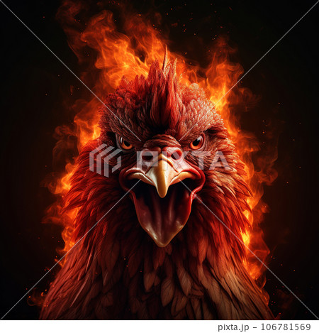 Image of angry chicken face and flames on dark background. Farm animals. Illustration, Generative AI. Image of angry chicken face and flames on dark background. Farm animals. Illustration, Generative AI. 106781569