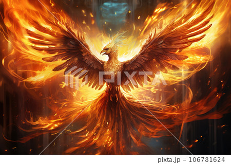 Image of the phoenix is flying burning with fire. Birds. Mythical creatures. Illustration. Generative AI. 106781624