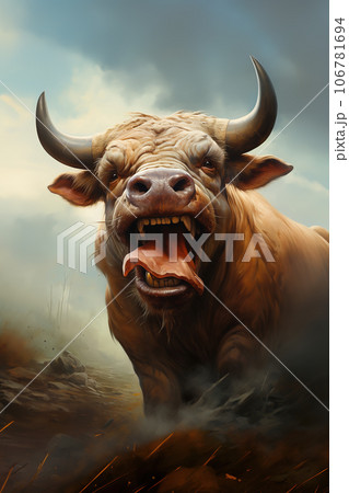 Image of bull with a funny face and open mouthのイラスト素材