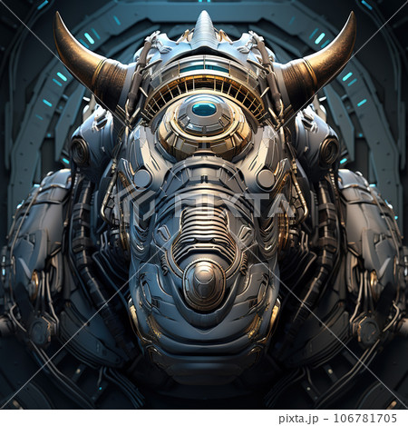 A rhinoceros head that is a futuristic machine of the future world. Wildlife Animals. Illustration, Generative AI. 106781705