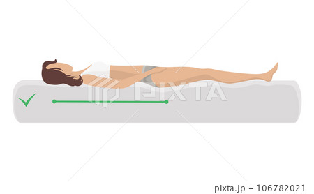 Correct sleeping body posture. Healthy sleeping position spine on orthopedic mattress and pillow. Caring for health of back, neck. Vector illustration 106782021