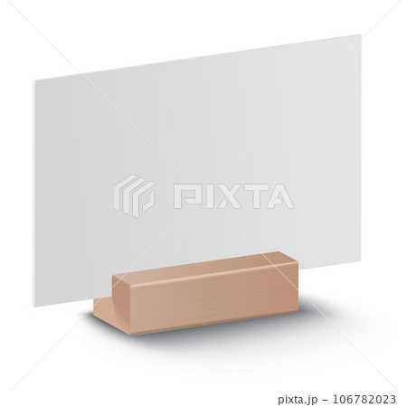 Blank card holder. Mockup template or menu frame. Realistic blank paper sheet. Desktop identification plate, nameplate isolated on white background 106782023