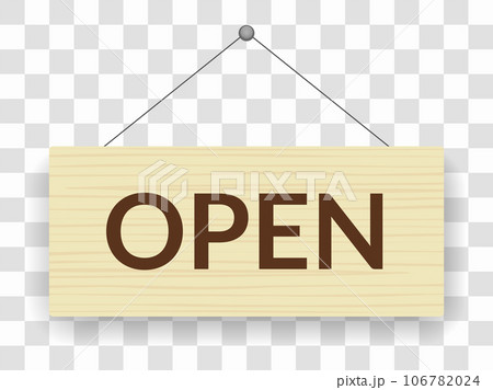 Open signboard icon. Announcement banner, information signage, board. Wooden hanging door sign for cafe, restaurant, bar or retail store. Vector illustration Open signboard icon. Announcement banner, information signage, board. Wooden hanging door sign for cafe, restaurant, bar or retail store. Vector illustration 106782024