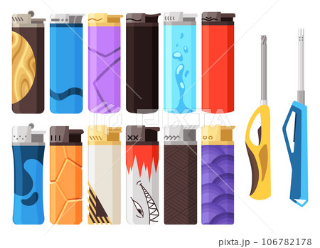 Plastic petrol cheap tools to Ignite gas kitchen oven, fireplace or bonfire, light fire flame. Accessories collection. Cartoon vector illustration 106782178